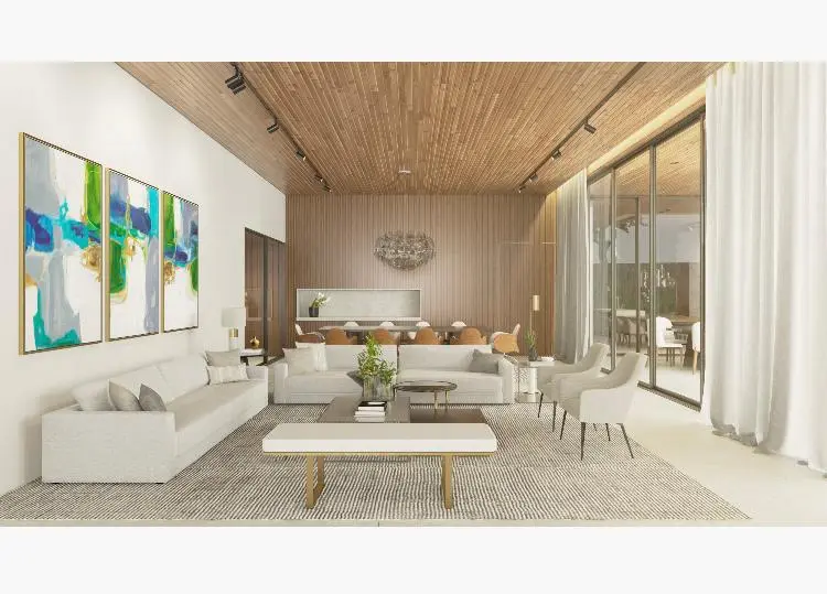 Interior residencial com forro de madeira